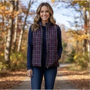 Talbots women's Tartan Plaid Puffer quilted vest. Navy & eggplant.Full Zip.Sz XL